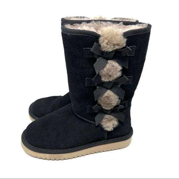 Koolaburra by Ugg Black Bow Sheep Skin Leather Mid Shaft Boots - Picture 3 of 10
